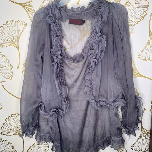 Grey Ruffle Blouse with Ruffled Collar - Picture 2 of 6